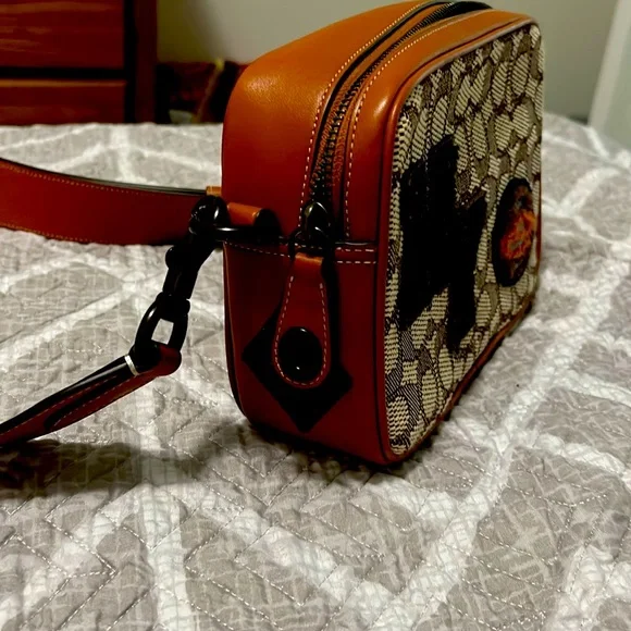 Coach Flight Bag 19 in signature jacquard w varsity patches